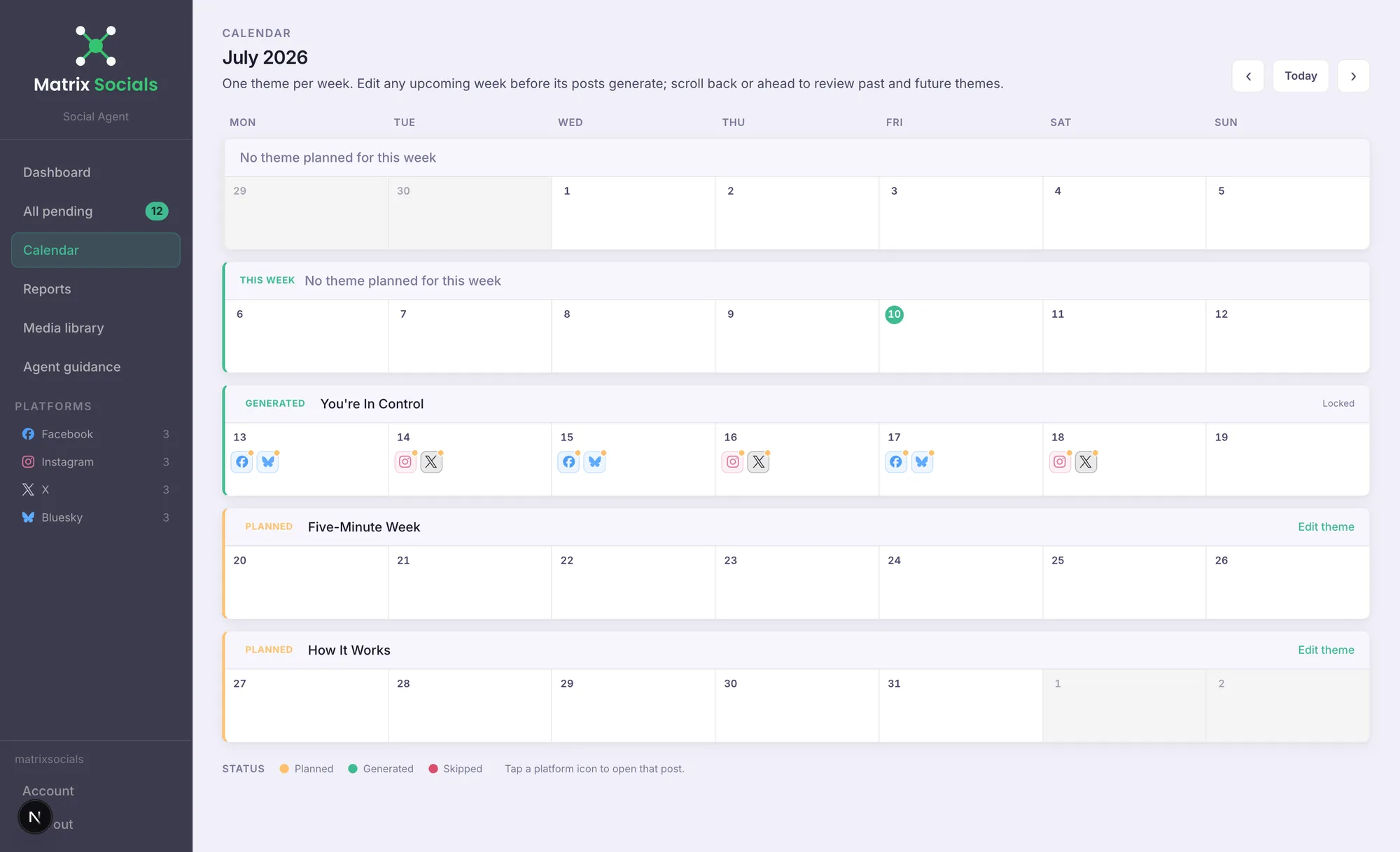 Matrix Socials dashboard — the content calendar with themed weeks planned months ahead