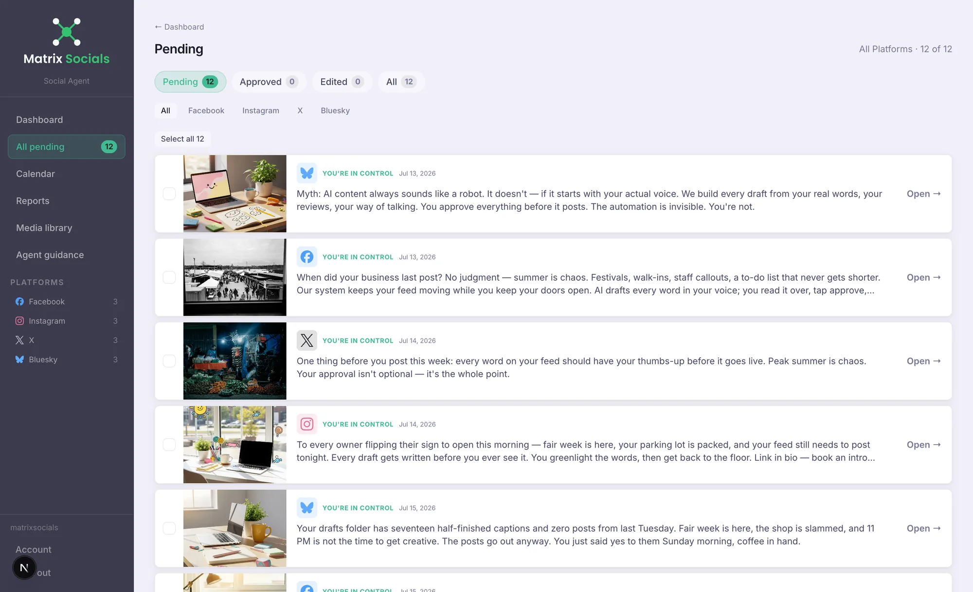 Matrix Socials dashboard — the review queue with a week of drafted posts, each with an image, platform, and scheduled time